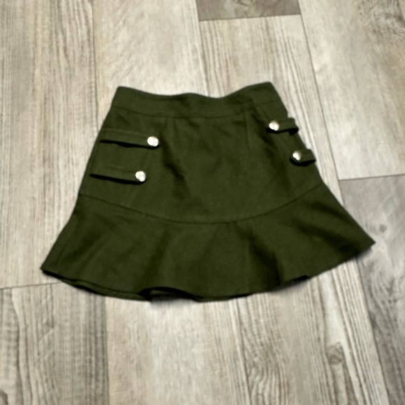 Five Plus Olive lined mini skirt pleated military style tick wool like strappy S - Picture 3 of 7